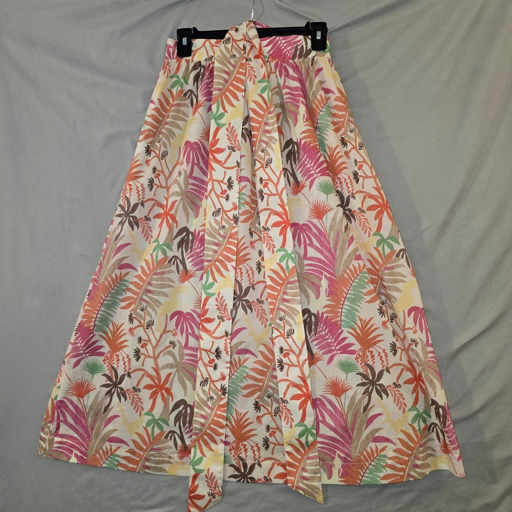 J.McLaughlin Maxi Skirt 10 Women Multicolor Tropical Palm Leaf Cotton Belted